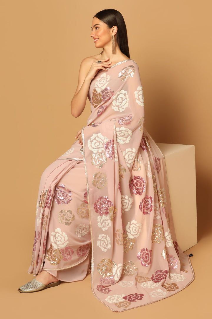Pink Floral Sequins Embroidered Saree