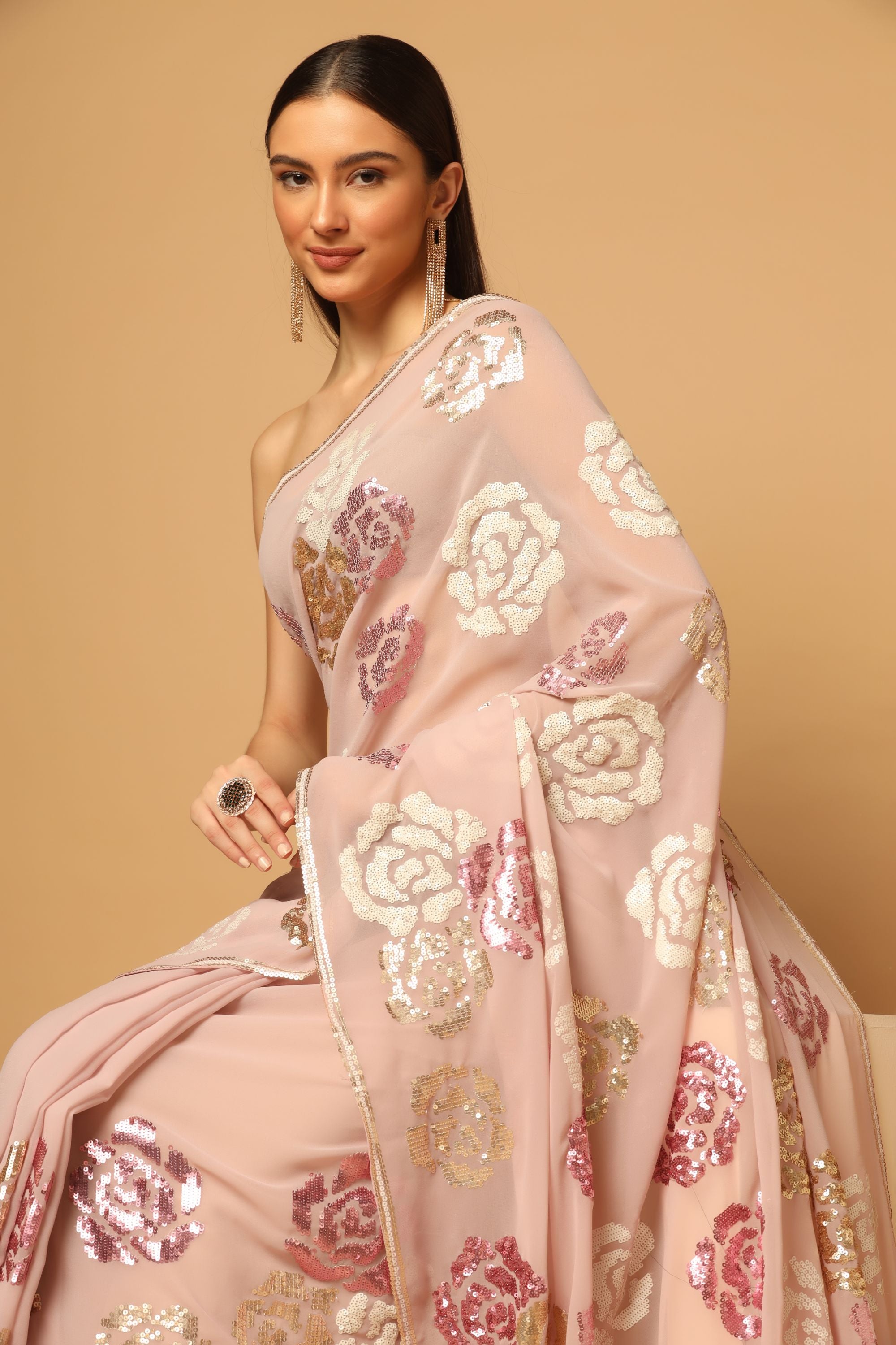 Pink Floral in Tricolor Sequins Embroidered Saree