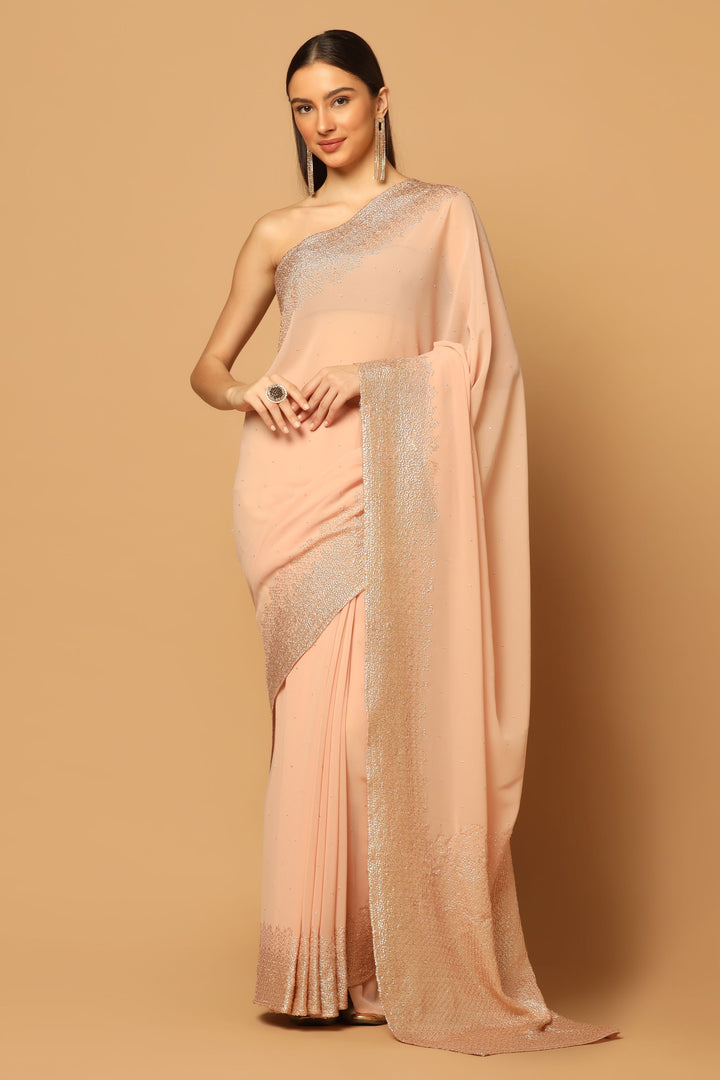 Peach Embroidered Sequins Saree