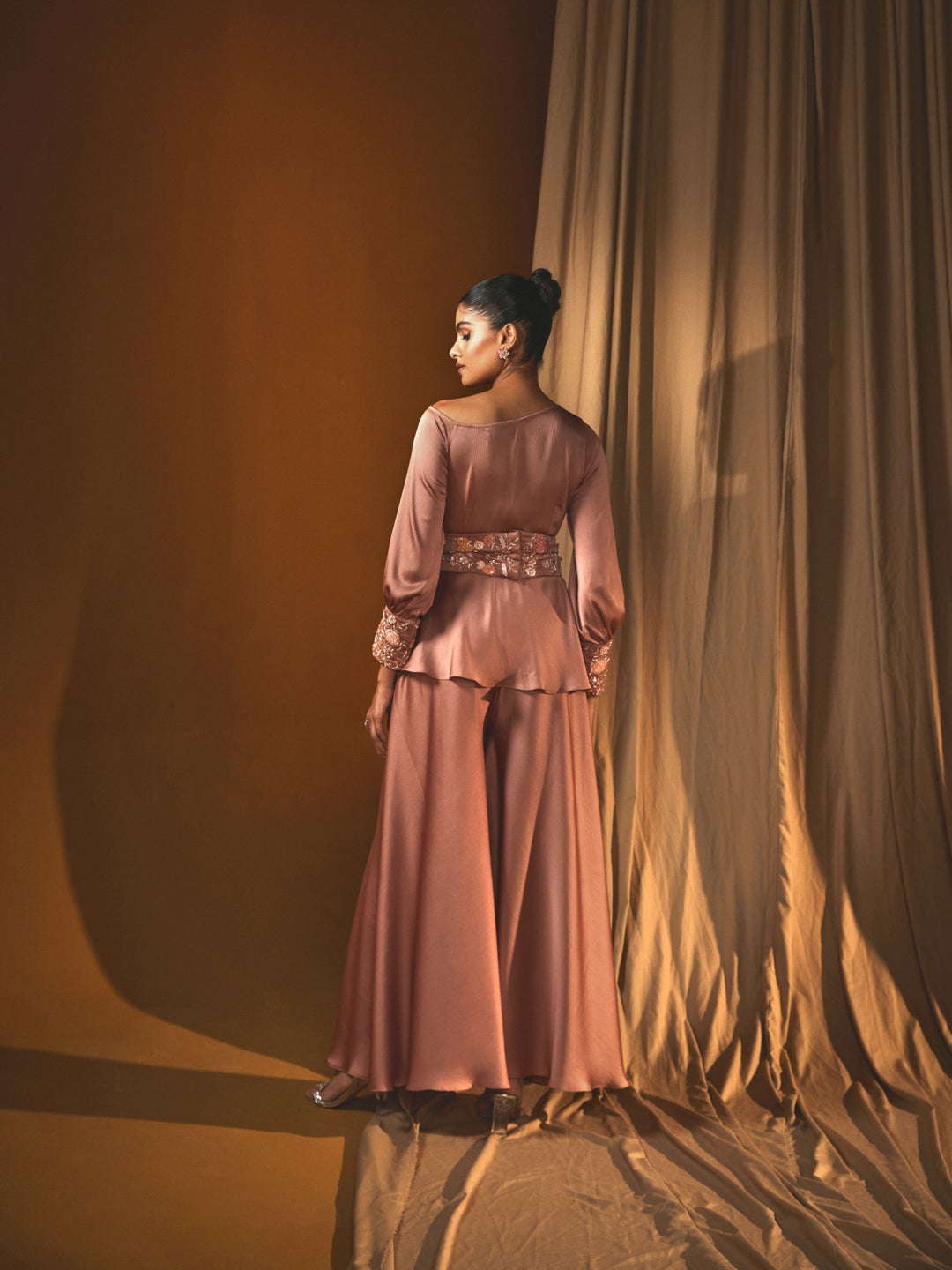 Peach Chiffon One-Shoulder Bell-Bottom Pant Set with Embroidered Belt