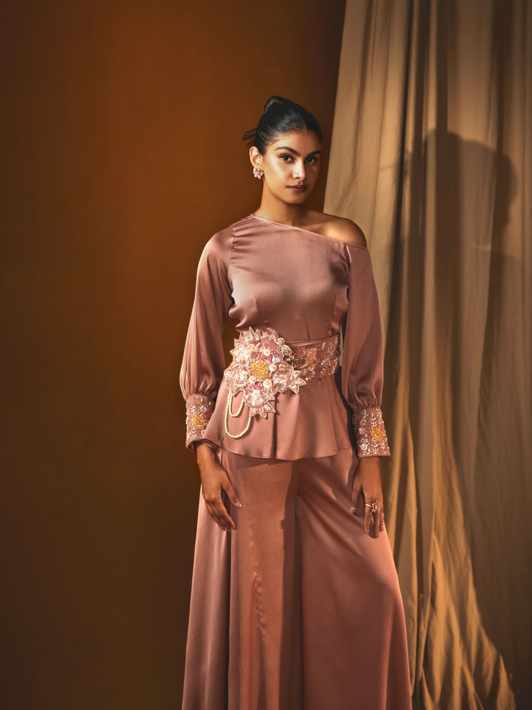 Peach Chiffon One-Shoulder Bell-Bottom Pant Set with Embroidered Belt