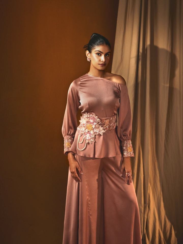 Peach Chiffon One-Shoulder Bell-Bottom Pant Set with Embroidered Belt