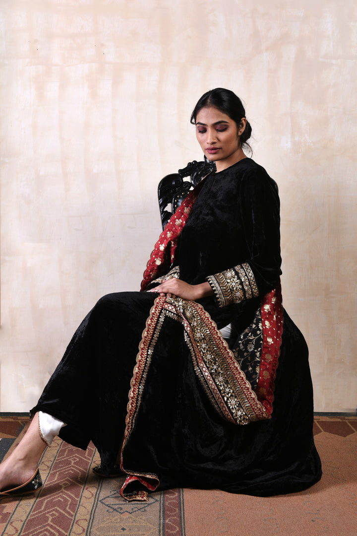 Black Velvet Kurta Set with White Tulip Pants & Banarasi Dusala