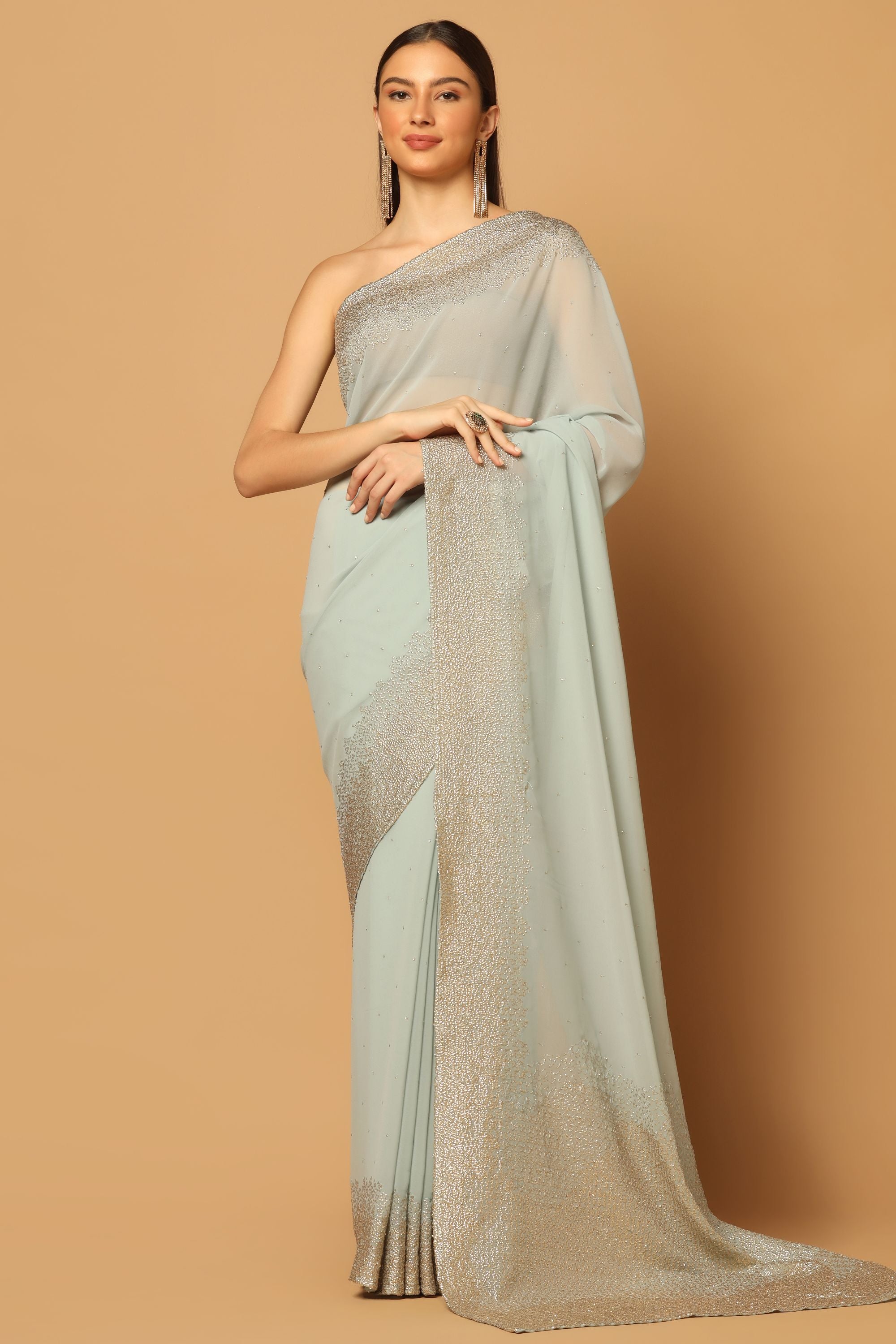 Powder Blue Saree with Hand Embroidered Sequins Work