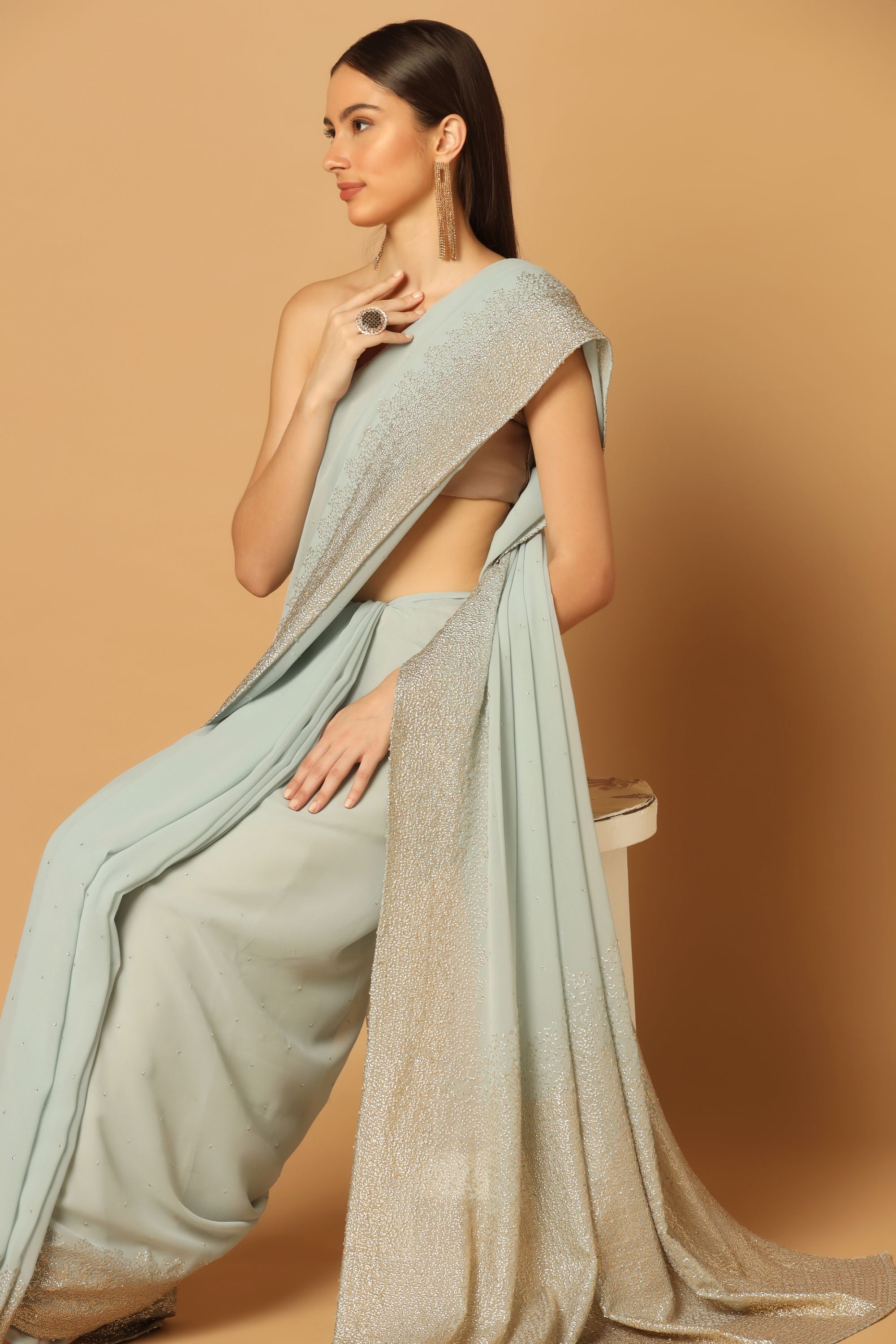 Powder Blue Saree with Hand Embroidered Sequins Work