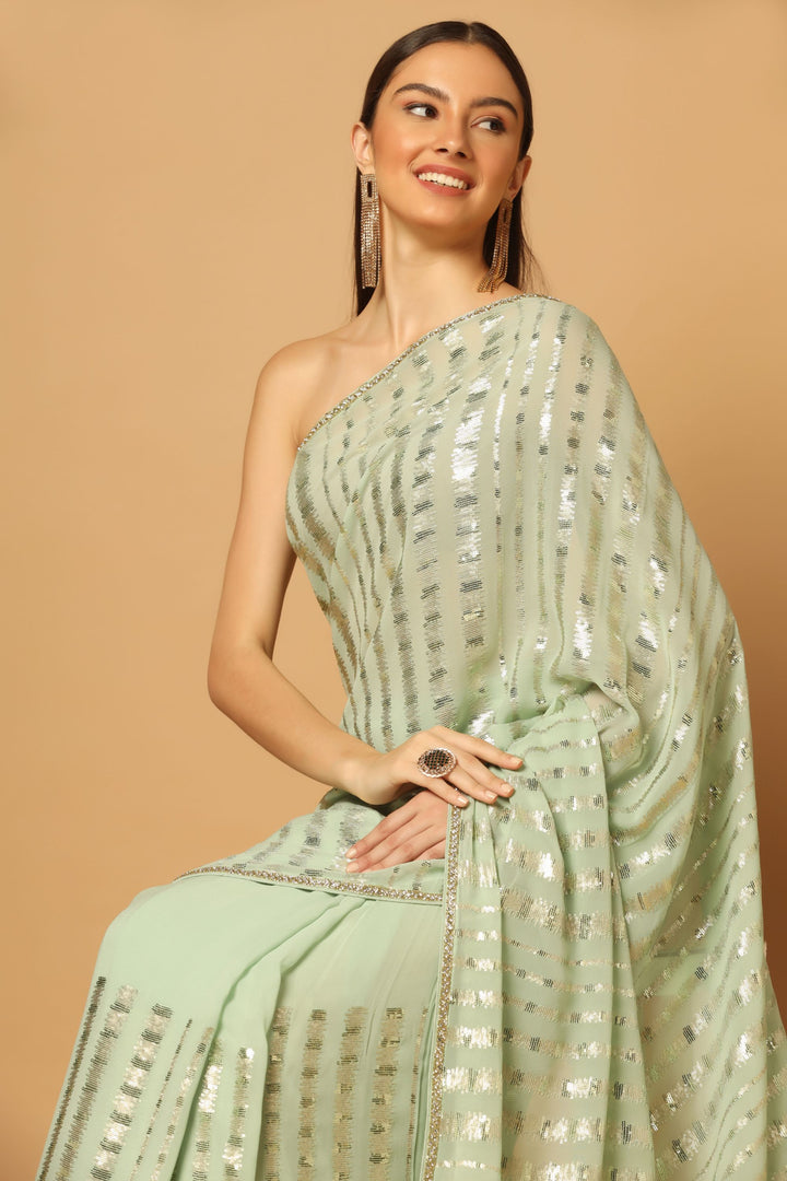 Mint Green Embroidered Sequins Saree