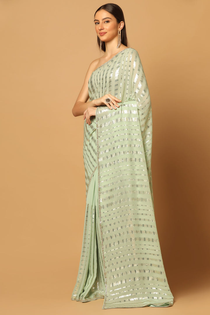 Mint Green Embroidered Sequins Saree