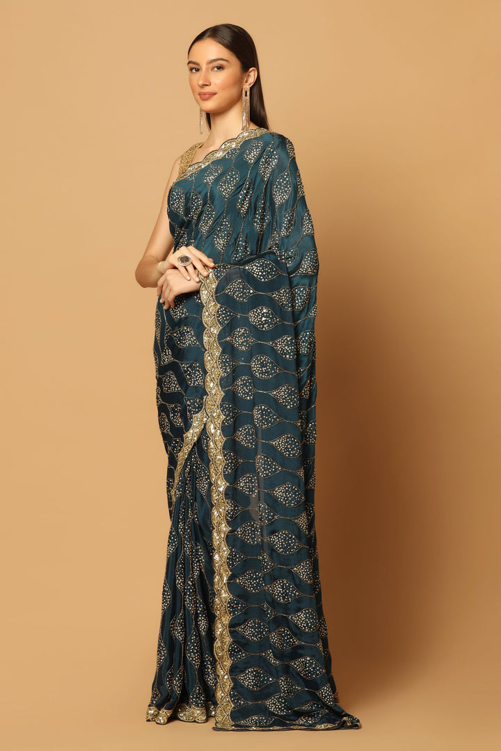 Teal Gold Jaal Embroidered Saree
