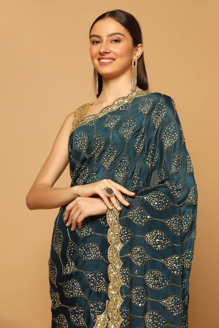 Teal Gold Jaal Embroidered Saree