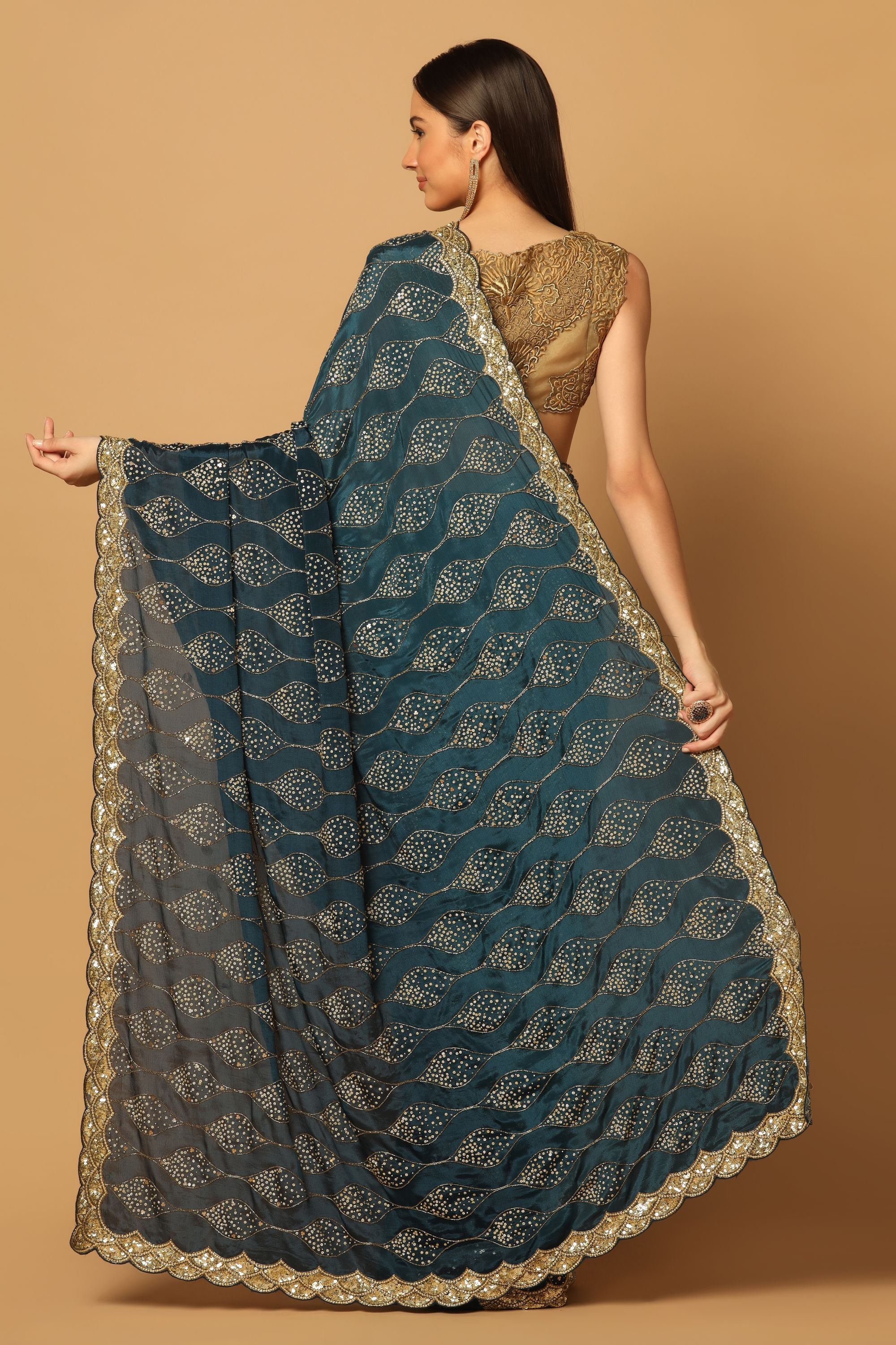 Navy Blue Saree with Hand Embroidery Work