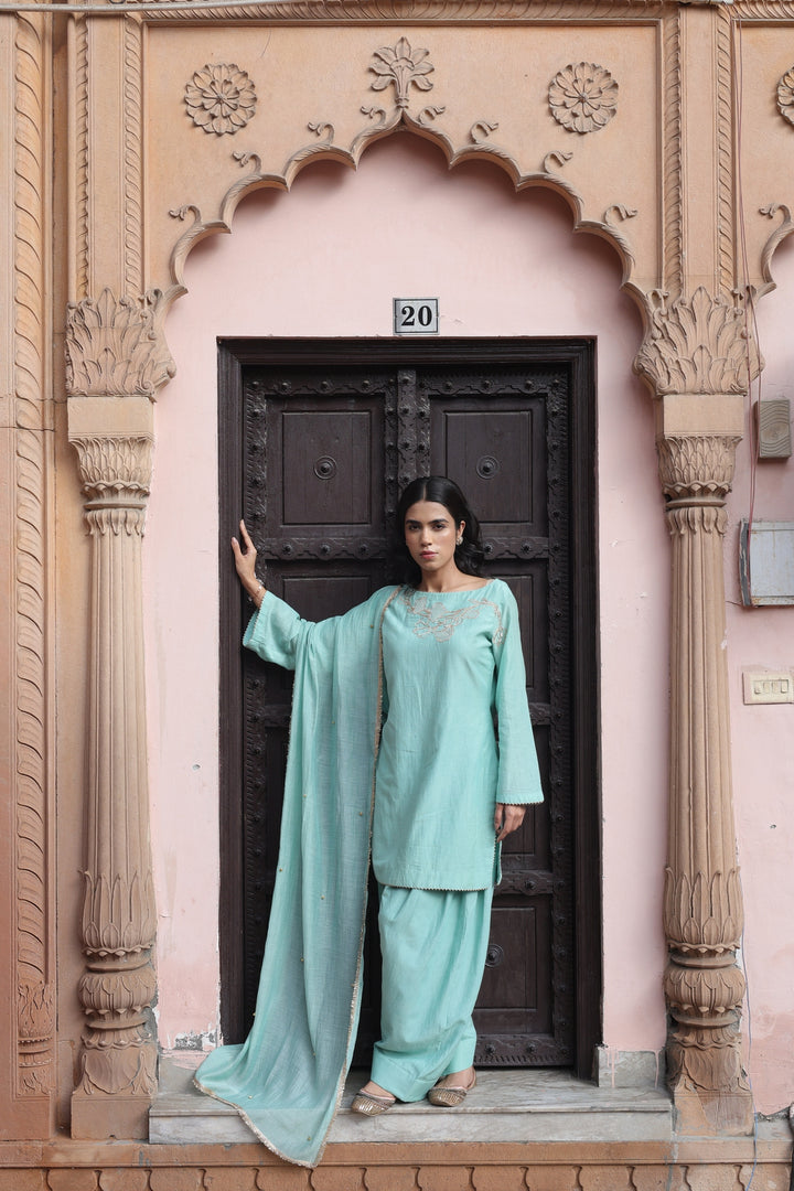 Mint Embroidered Boat Neck Salwar Set