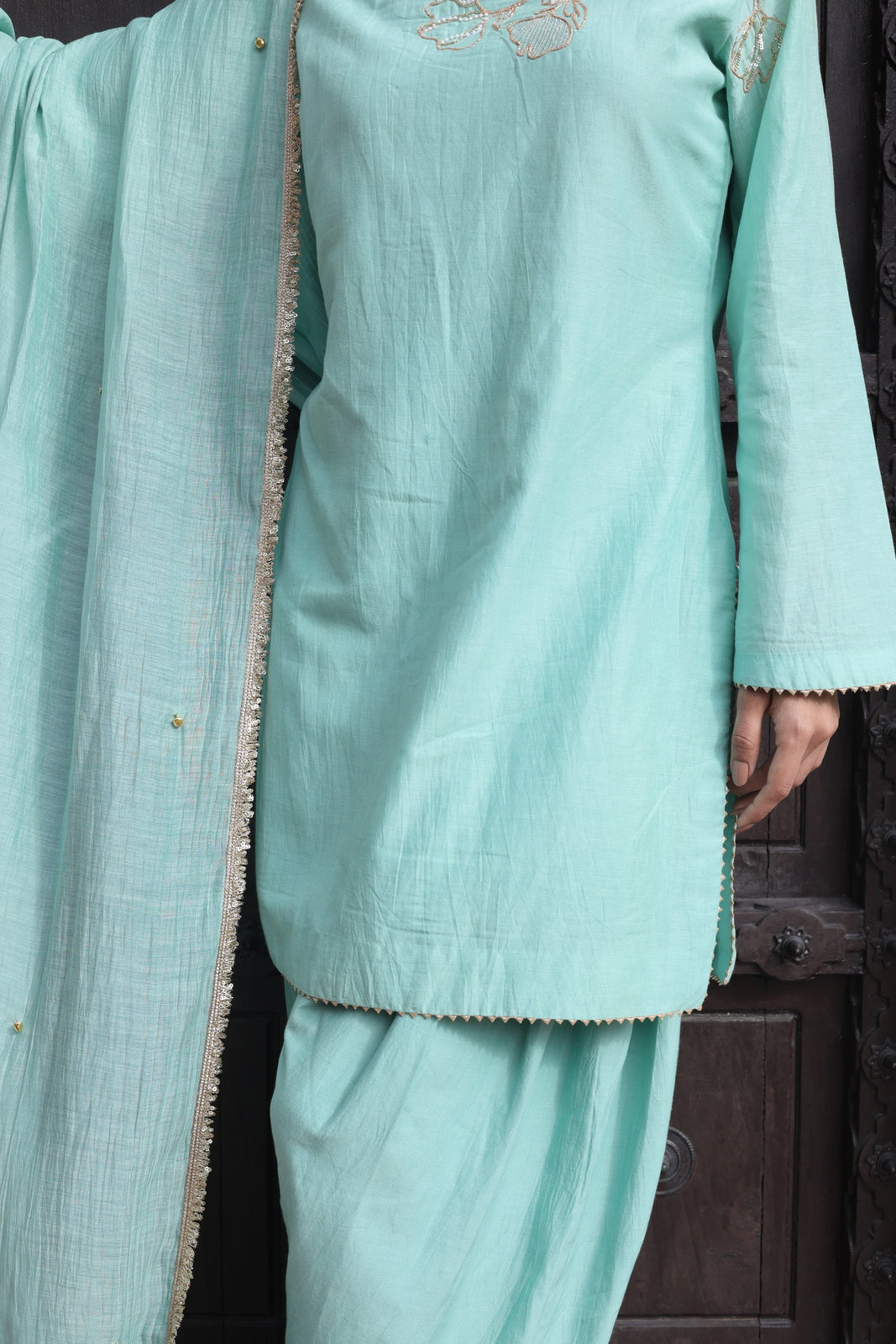 Mint Embroidered Boat Neck Salwar Set