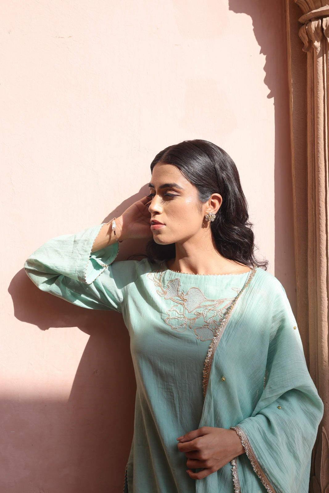 Mint Embroidered Boat Neck Salwar Set