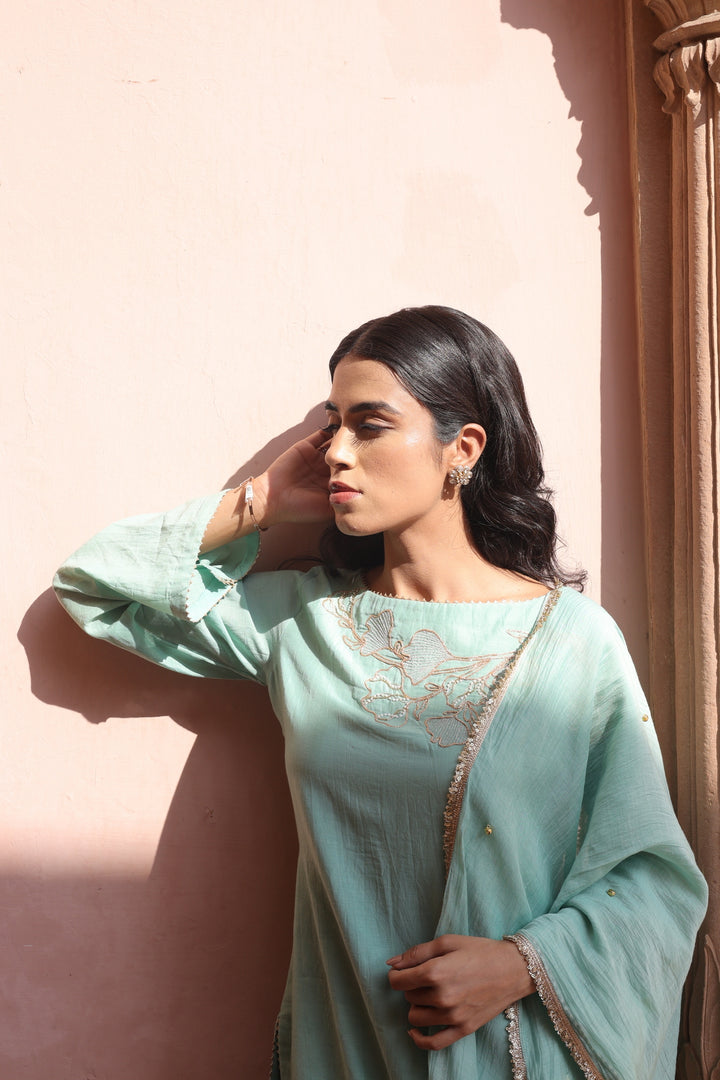 Mint Embroidered Boat Neck Salwar Set