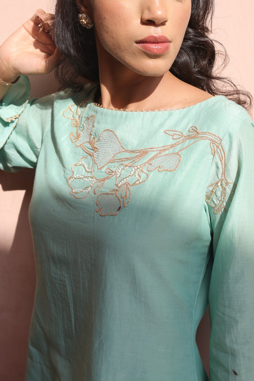 Mint Embroidered Boat Neck Salwar Set