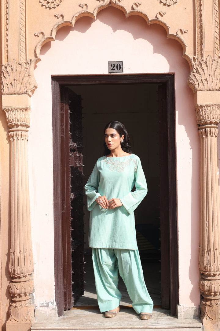 Mint Embroidered Boat Neck Salwar Set