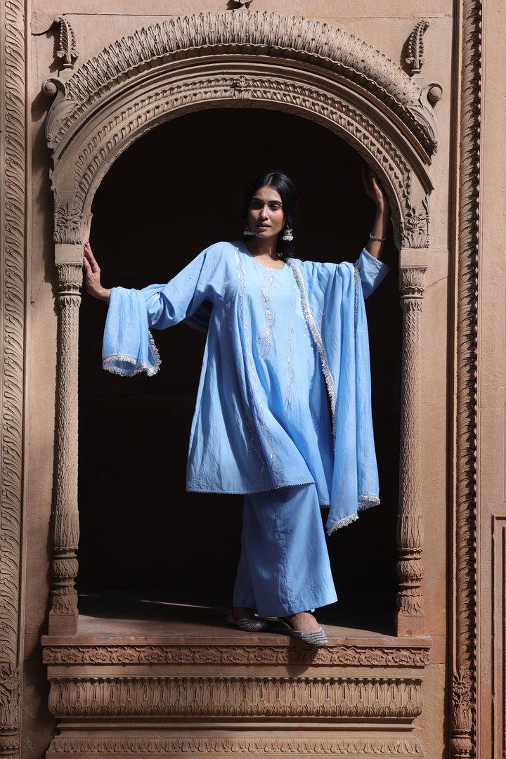Powder Mist: Embroidered Chanderi Kurta & Palazzo Set