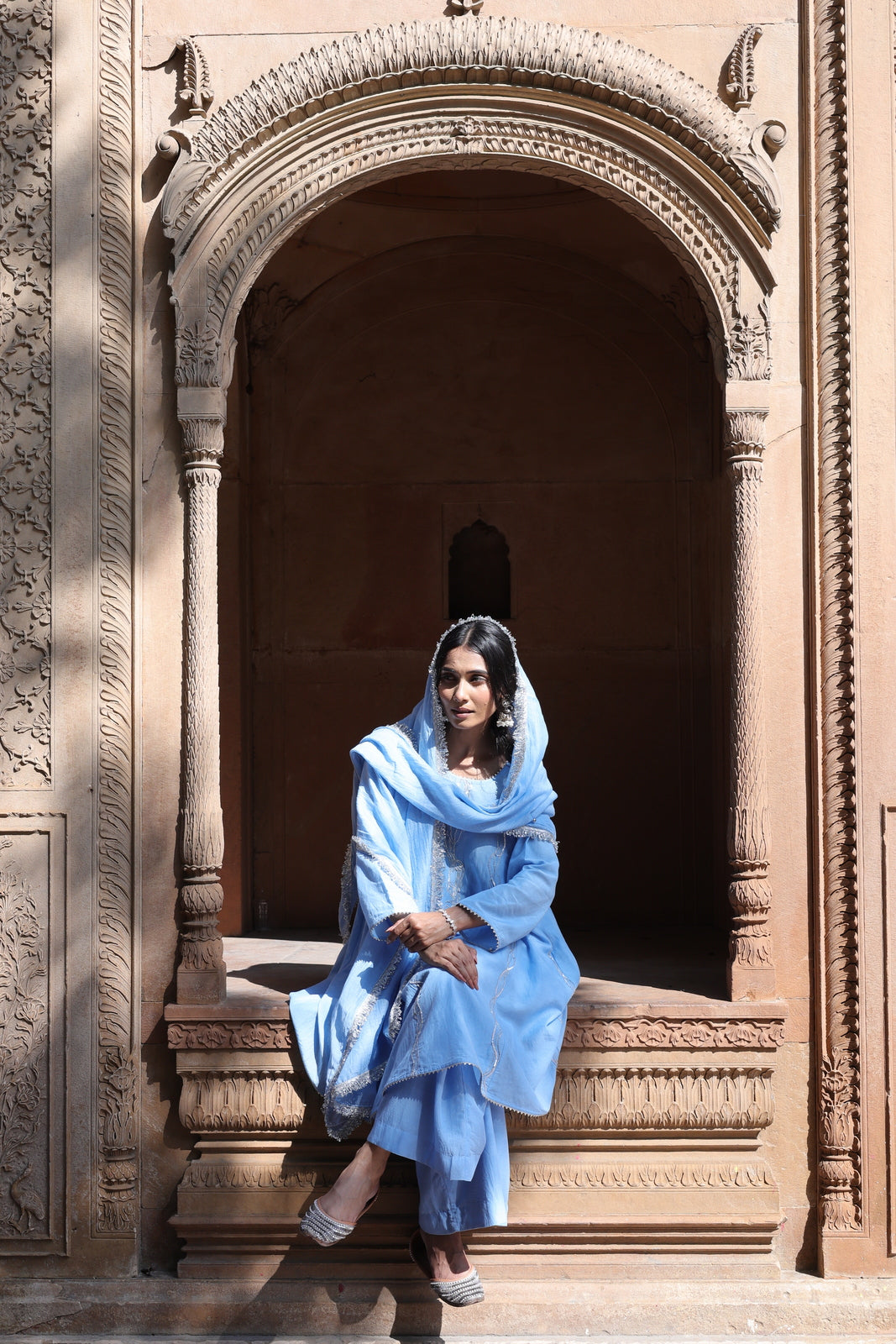 Powder Mist: Embroidered Chanderi Kurta & Palazzo Set