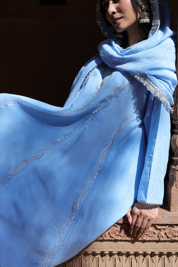 Powder Mist: Embroidered Chanderi Kurta & Palazzo Set