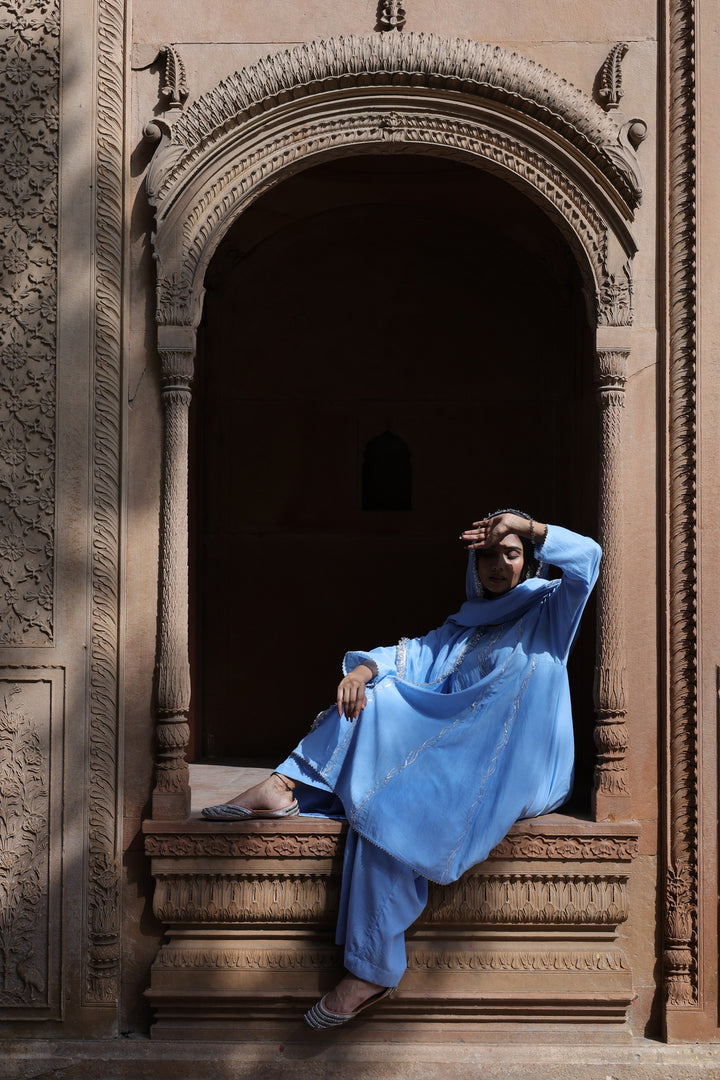 Powder Mist: Embroidered Chanderi Kurta & Palazzo Set