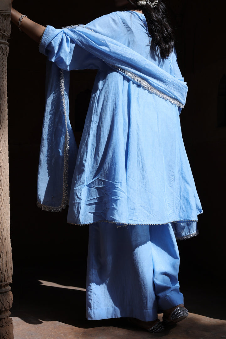 Powder Mist: Embroidered Chanderi Kurta & Palazzo Set