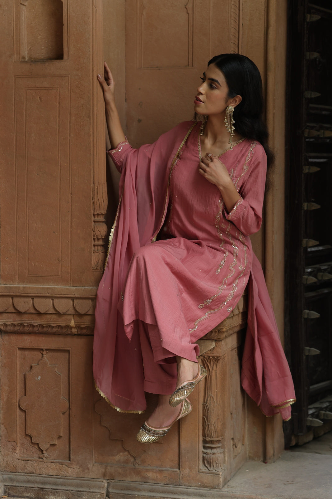 Blush Aura: Hand-Embroidered Kurta, Pant & Dupatta Set