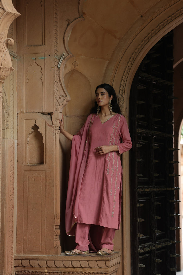 Blush Aura: Hand-Embroidered Kurta, Pant & Dupatta Set