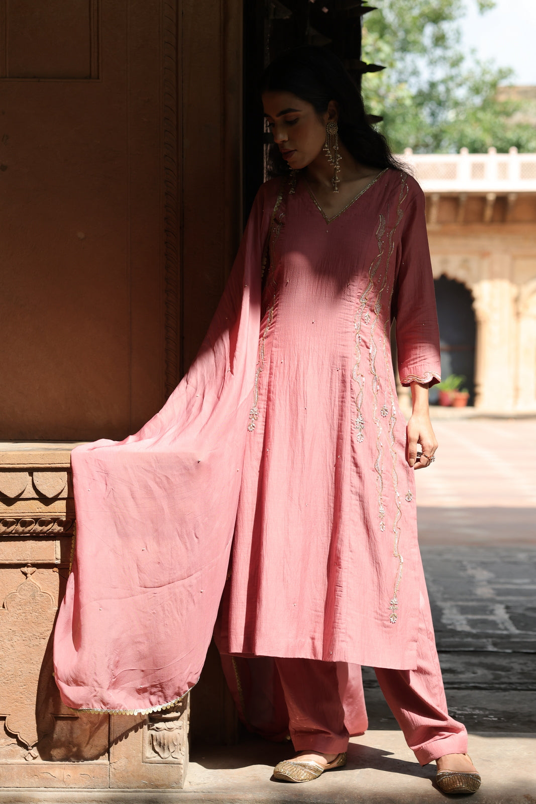 Blush Aura: Hand-Embroidered Kurta, Pant & Dupatta Set