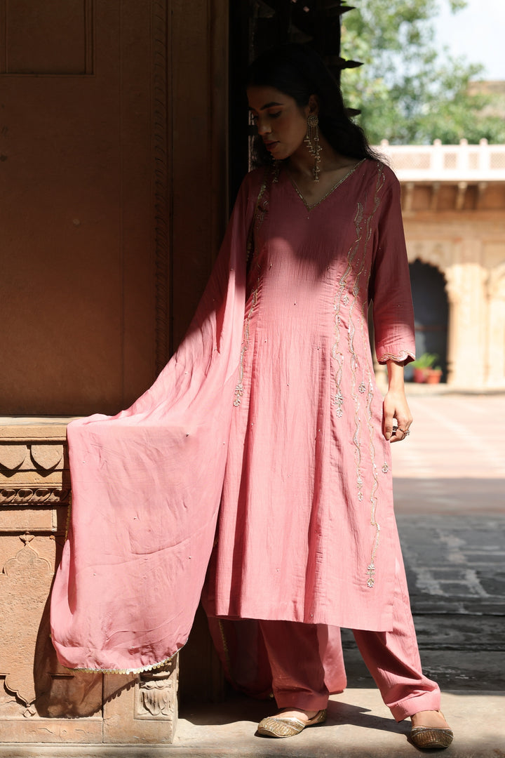 Blush Aura: Hand-Embroidered Kurta, Pant & Dupatta Set