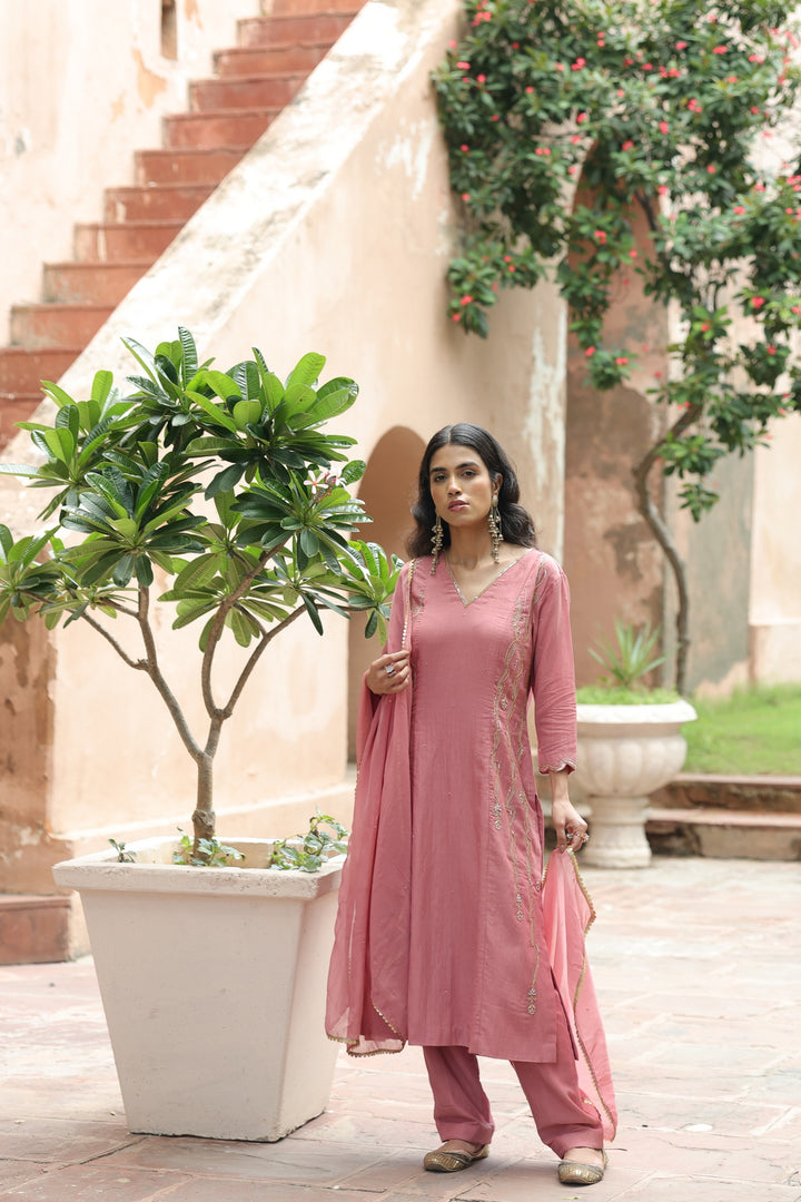Blush Aura: Hand-Embroidered Kurta, Pant & Dupatta Set