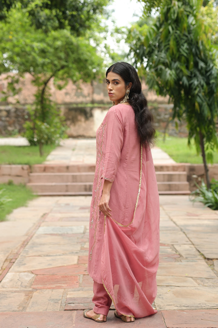 Blush Aura: Hand-Embroidered Kurta, Pant & Dupatta Set