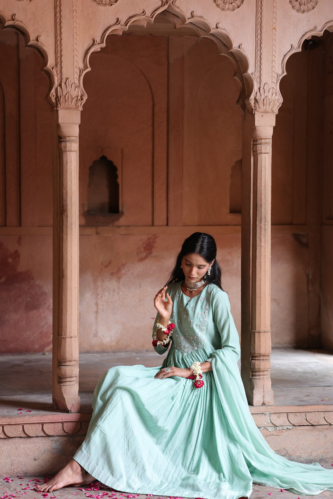 Mint Serenity: Embroidered Anarkali Kurta & Dupatta Set