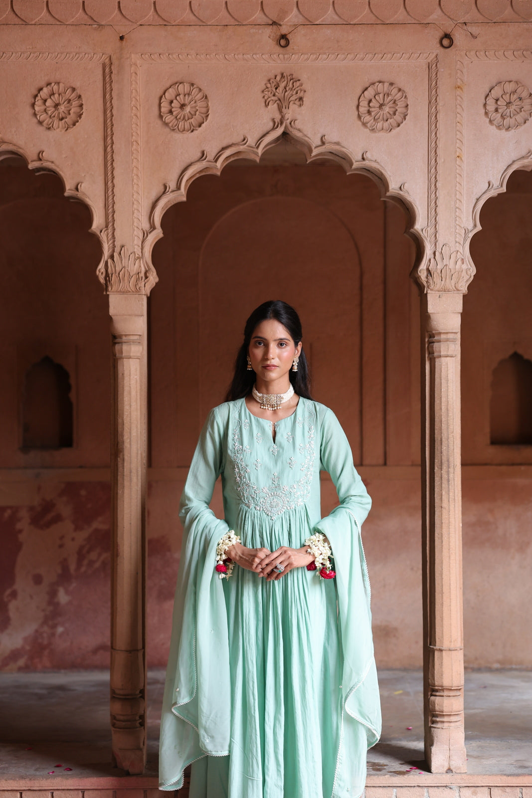 Mint Serenity: Embroidered Anarkali Kurta & Dupatta Set