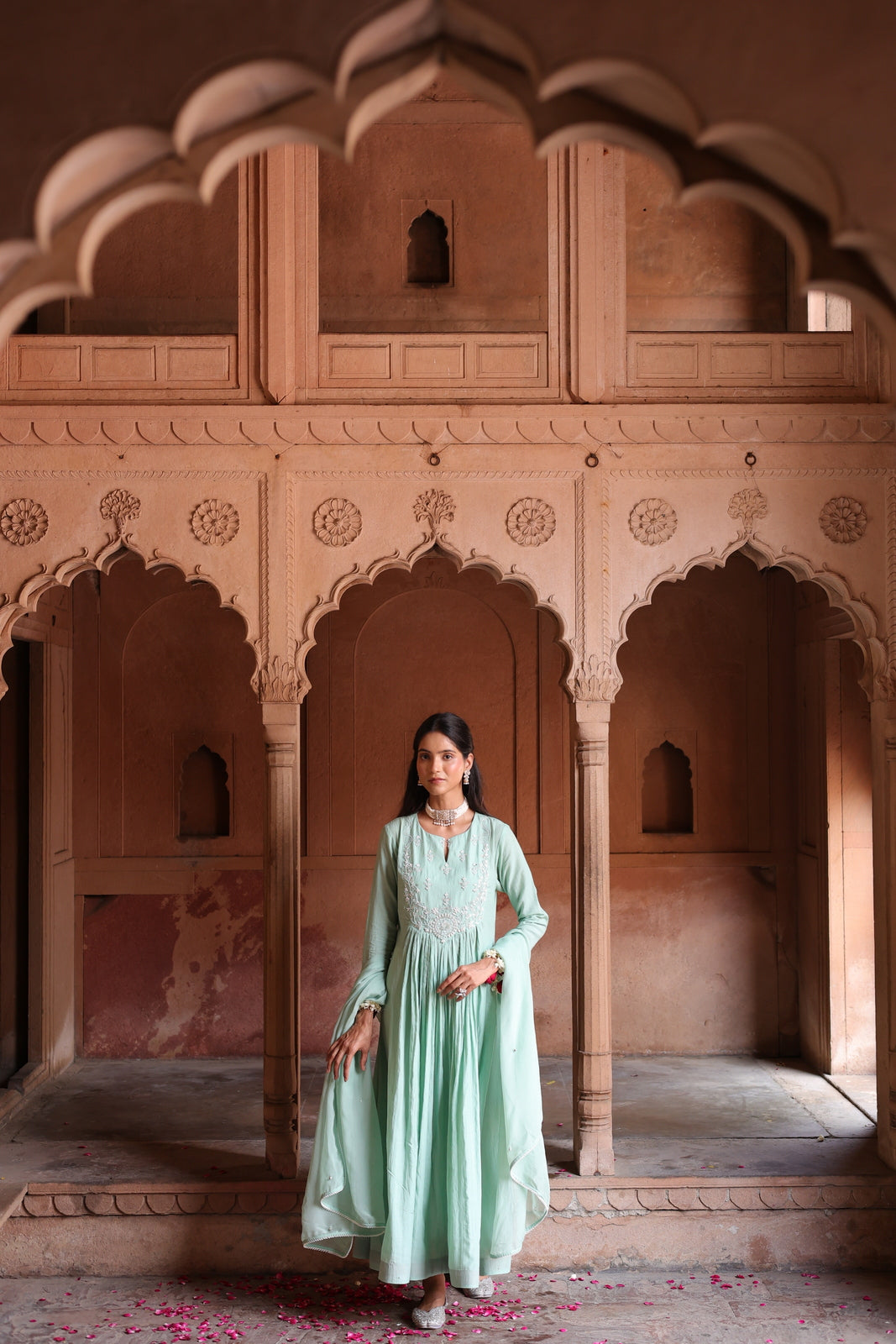 Mint Serenity: Embroidered Anarkali Kurta & Dupatta Set