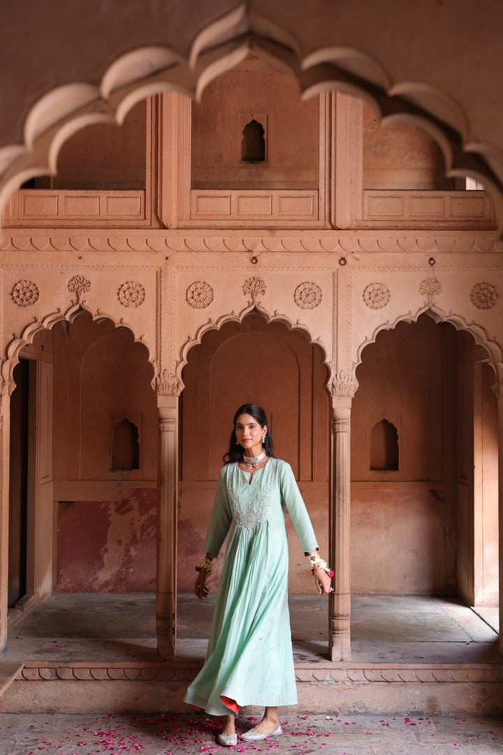 Mint Serenity: Embroidered Anarkali Kurta & Dupatta Set