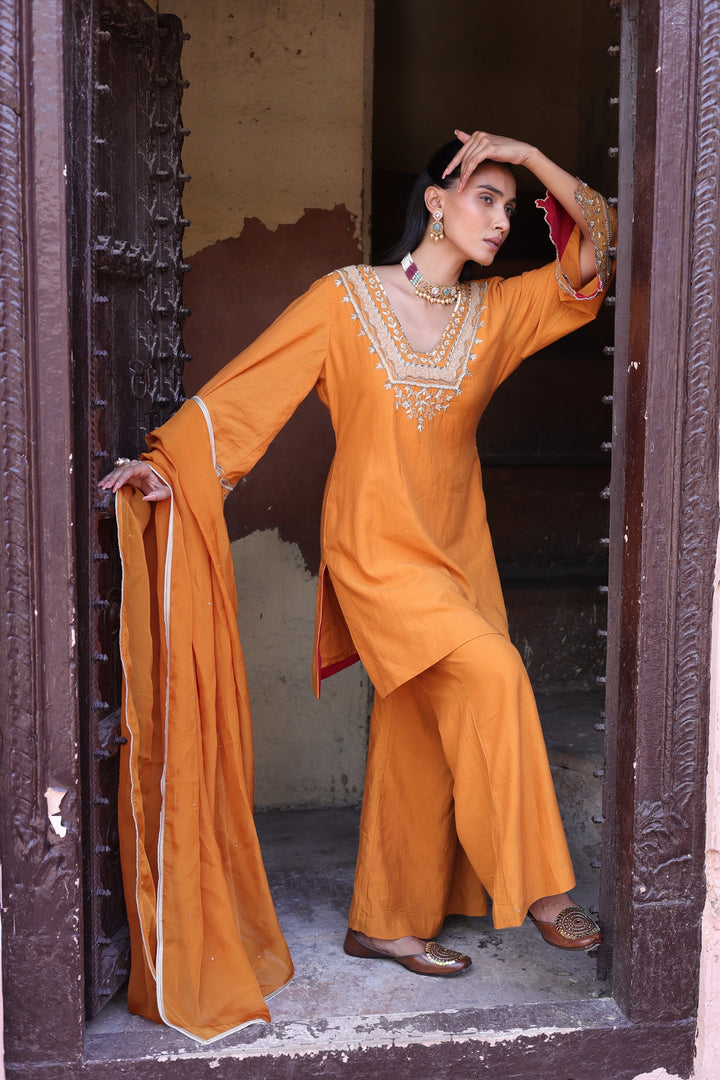 Orange Kurta with Bell Sleeve Palazzo Set