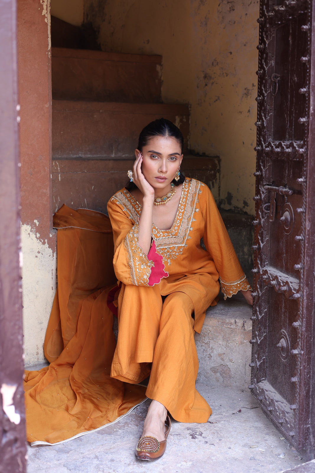 Orange Kurta with Bell Sleeve Palazzo Set