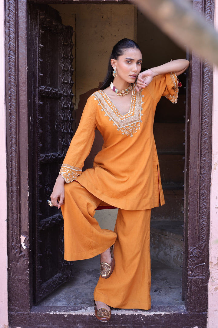 Orange Kurta with Bell Sleeve Palazzo Set