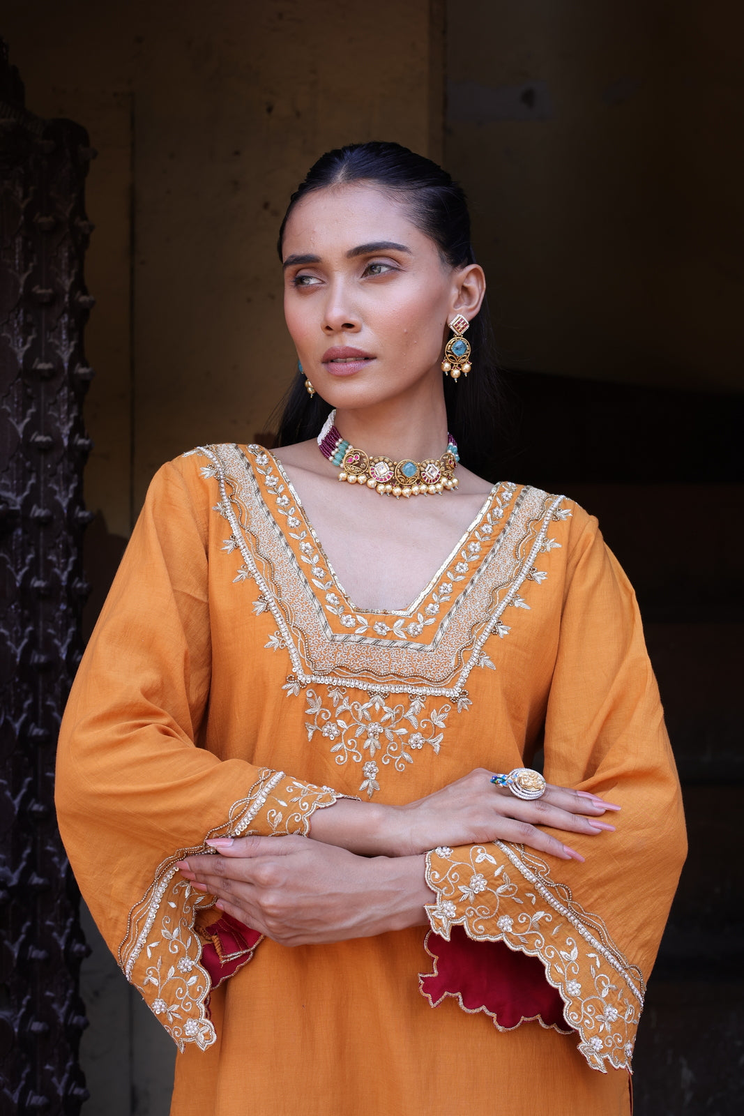 Orange Kurta with Bell Sleeve Palazzo Set