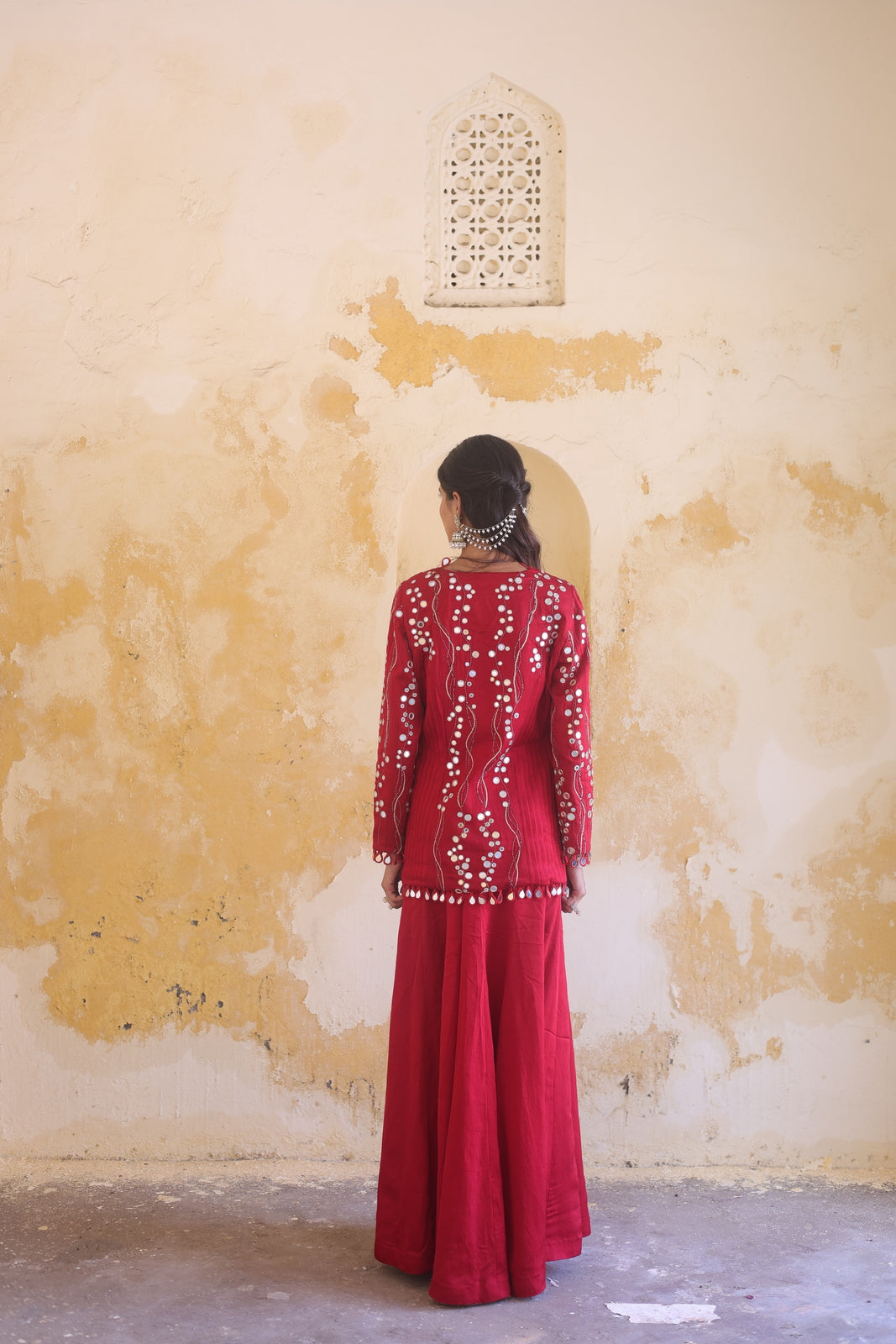 Ruby Allure: Silver Mirror-Work Jacket & Sharara Set