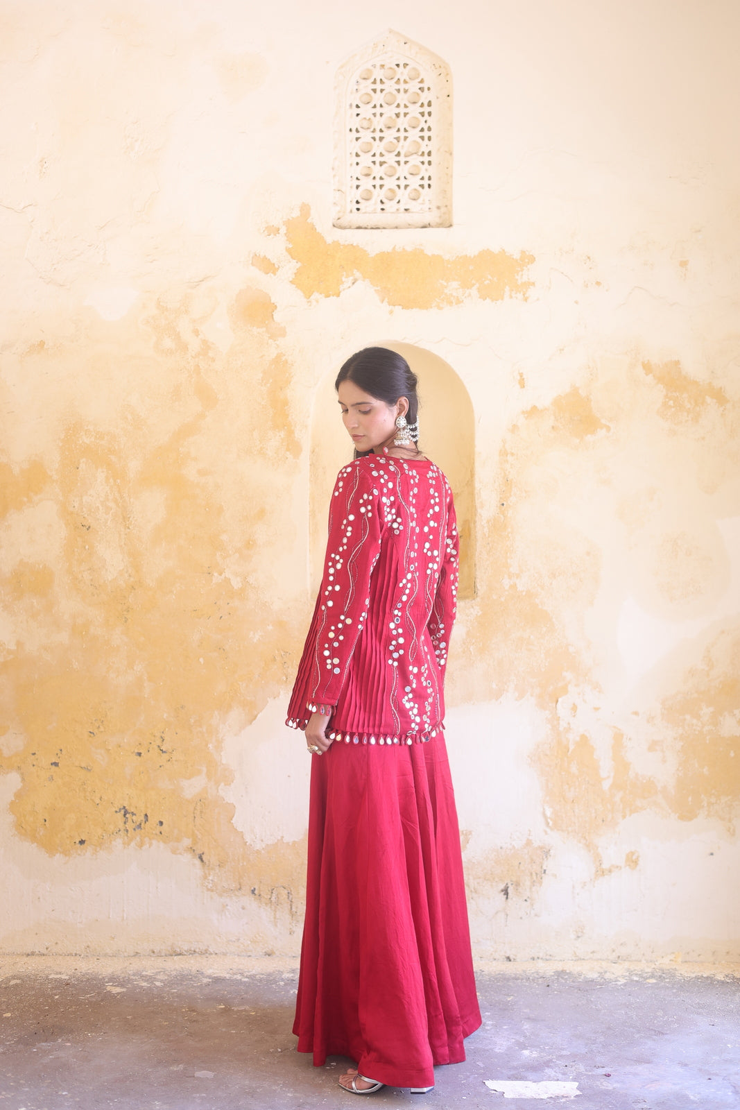Ruby Allure: Silver Mirror-Work Jacket & Sharara Set