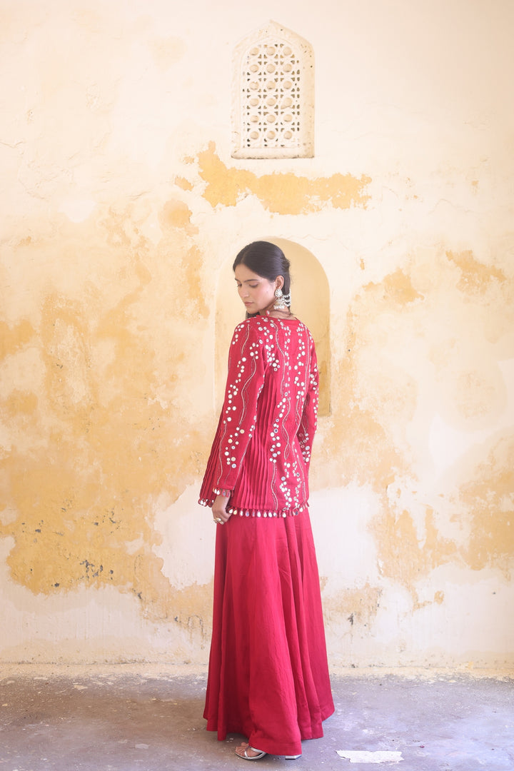 Ruby Allure: Silver Mirror-Work Jacket & Sharara Set
