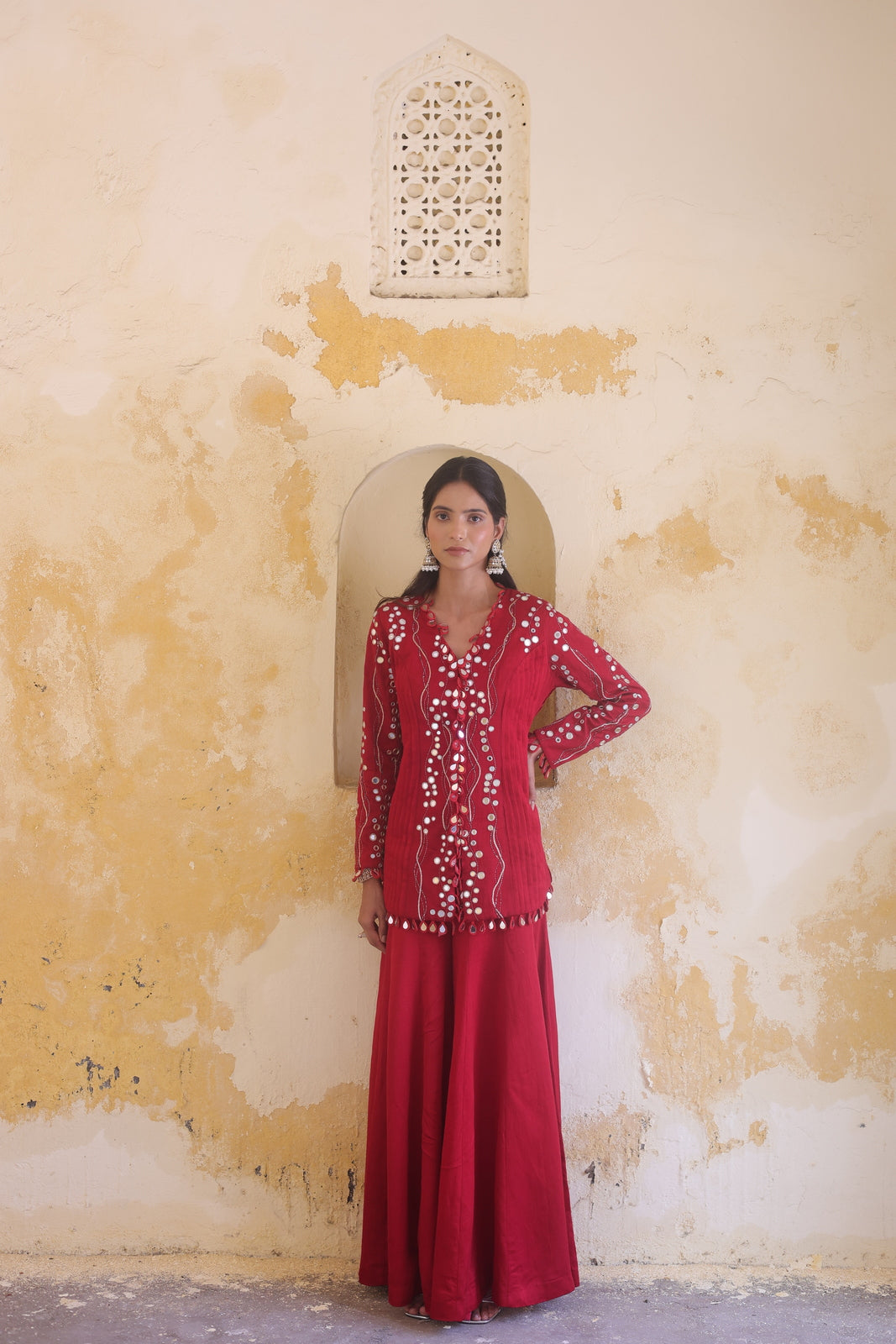 Ruby Allure: Silver Mirror-Work Jacket & Sharara Set