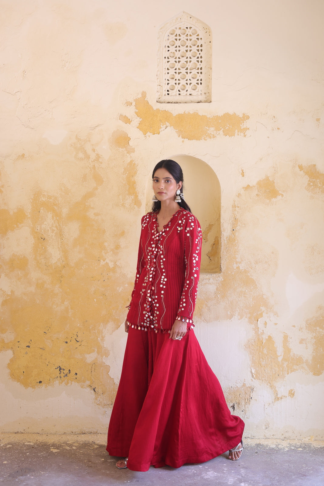 Ruby Allure: Silver Mirror-Work Jacket & Sharara Set