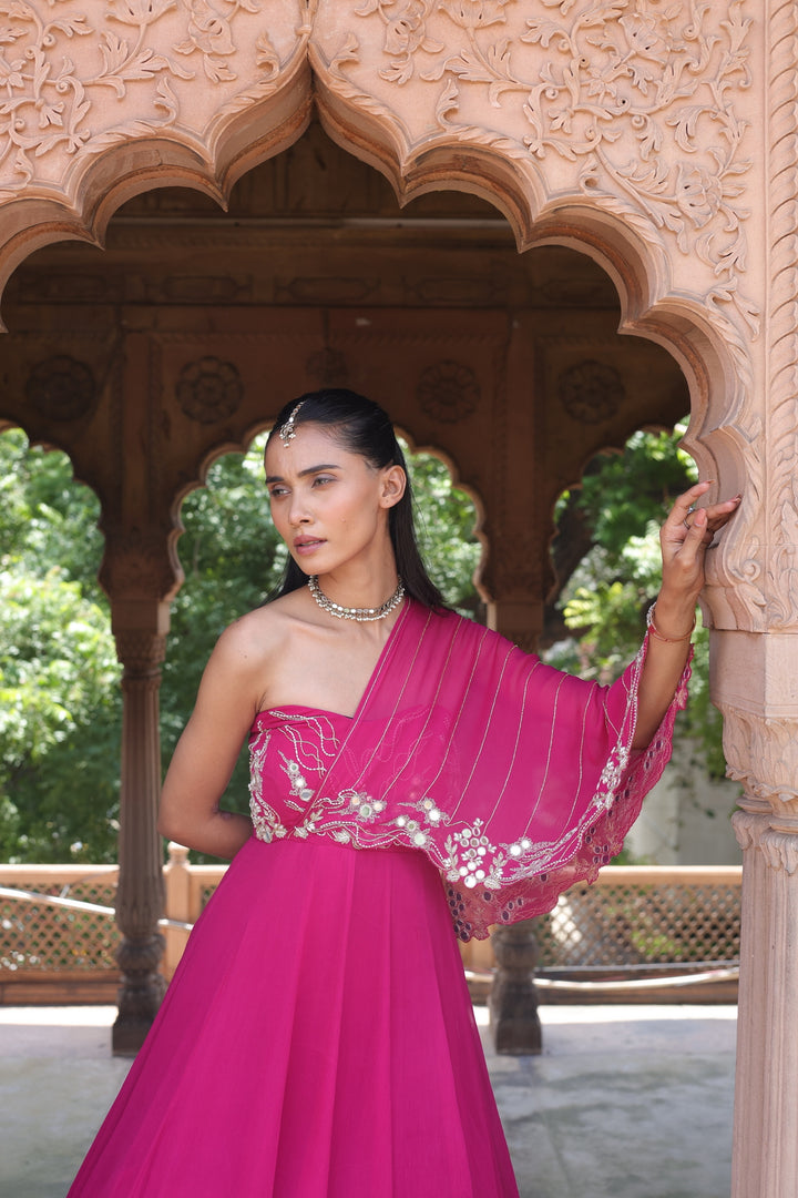 Rajasthan Royal Pink Embroidered One-Shoulder Drape Gown