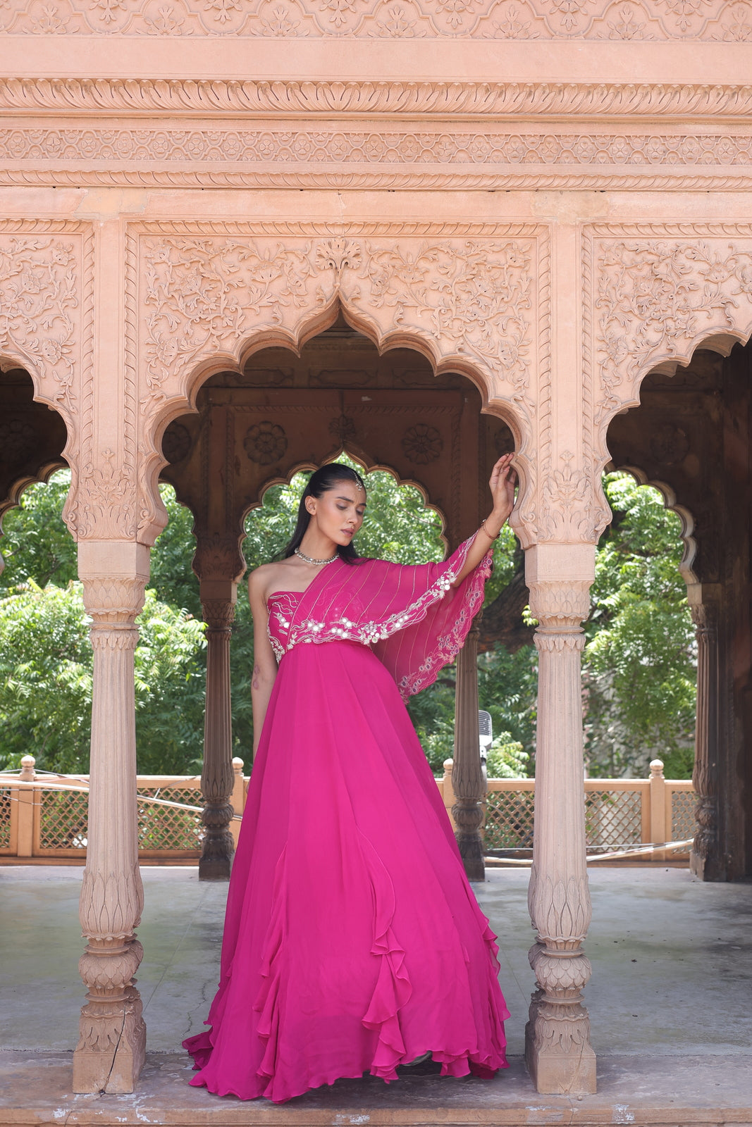 Rajasthan Royal Pink Embroidered One-Shoulder Drape Gown