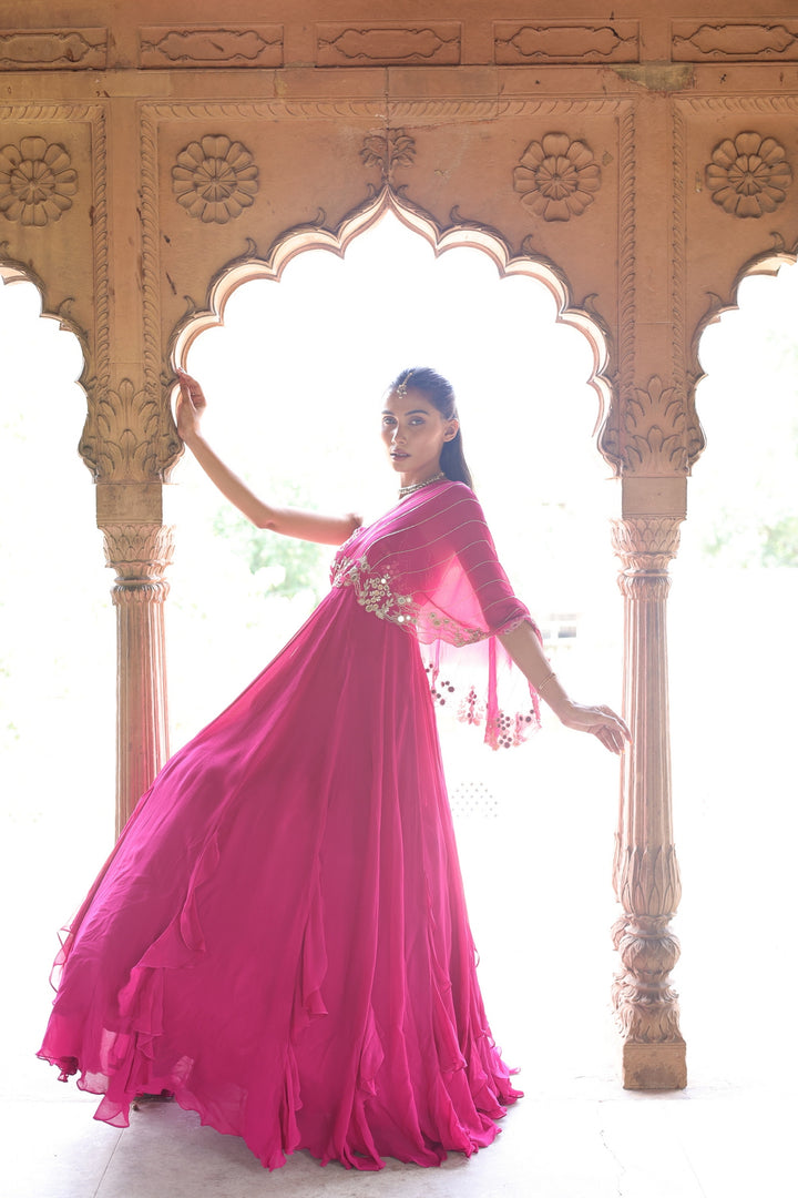 Rajasthan Royal Pink Embroidered One-Shoulder Drape Gown