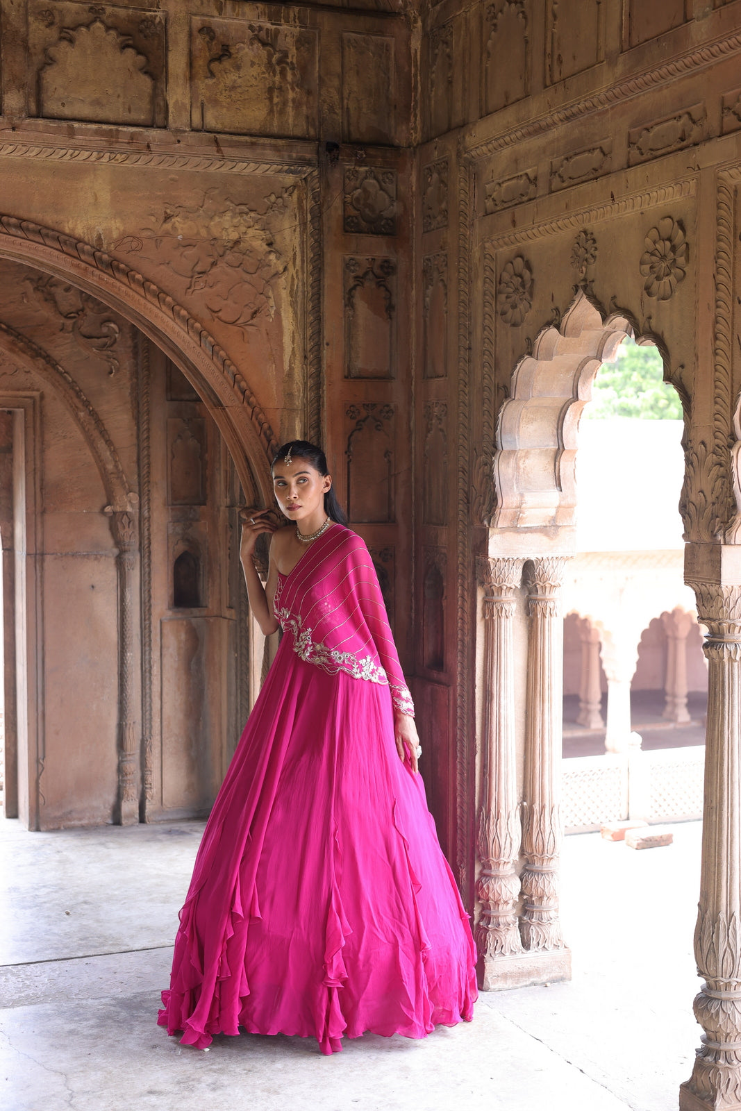Rajasthan Royal Pink Embroidered One-Shoulder Drape Gown