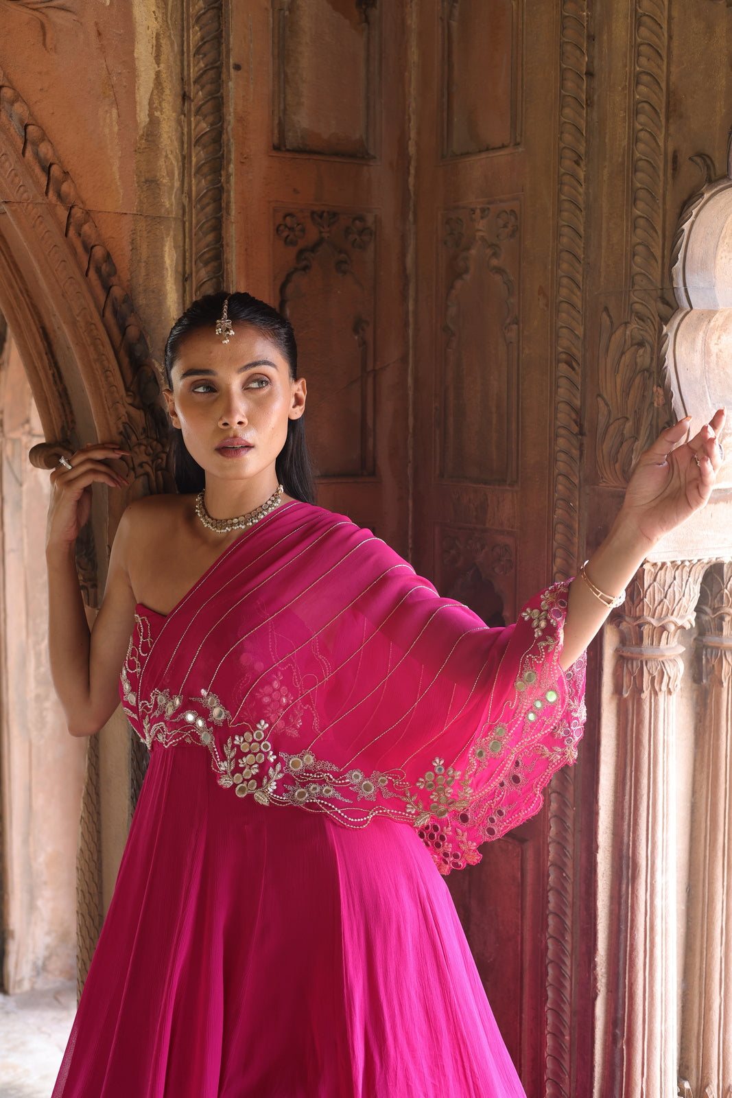 Rajasthan Royal Pink Embroidered One-Shoulder Drape Gown