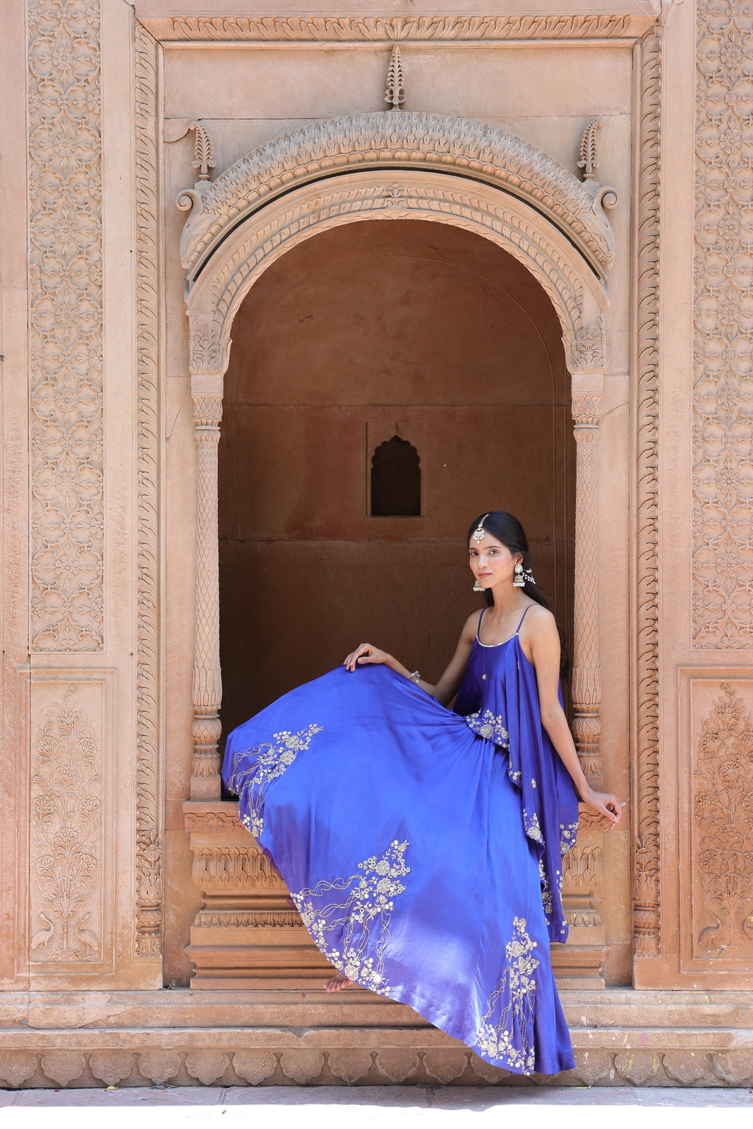 Royal Blue Mirror-Work Lehenga with an assymetrical Top